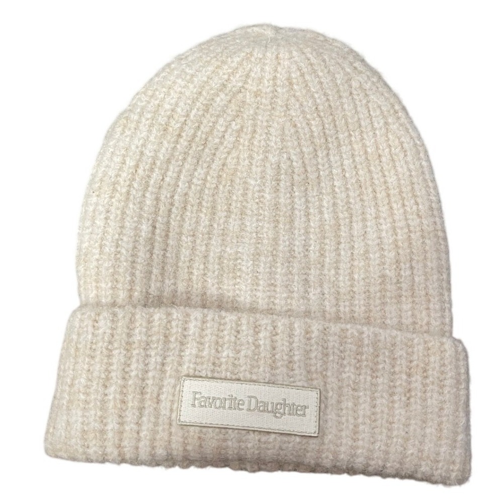 Favorite Daughter Logo Patch Rib Cream Beanie Hat One Size Minimalist Capsule